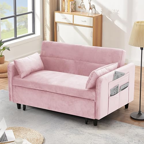 Sleeper Pullout Bed 3-in-1 Includes Two Pillows 54" Velvet Couch Sofa Reclining Backrest, Storage Pockets – Modern with Small Space for Living Room, Pink