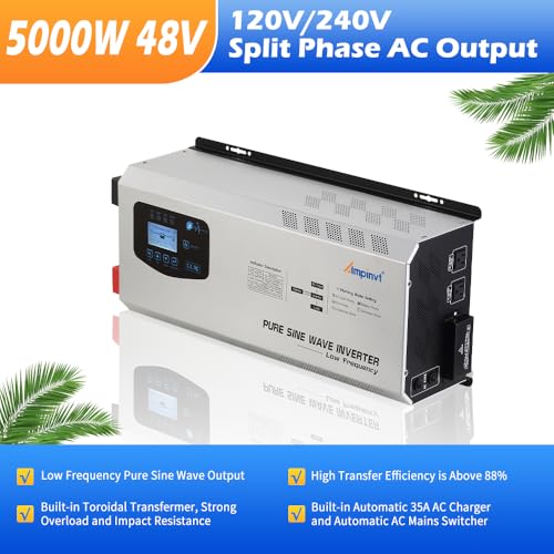 Off Grid Inverter Charger 5000W Peak 15000W DC 48V to 120V/240V AC Split Phase Output, with Battery AC Charger, Low Frequency Pure Sine Wave Inverter for Solar Home