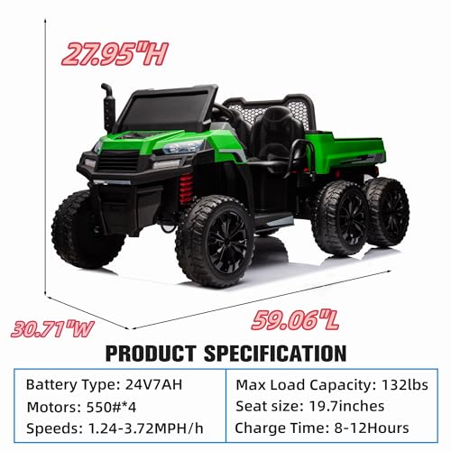 24V 2 Seater 6 Wheels XXL Ride On Car for Kids, Ride On 4WD UTV with EVA Tires, Bluetooth, Remote Control, Ride On Car with Dump Bed, 5-Point Safety Harness, Ride On Toys for Boys Girls (Green)
