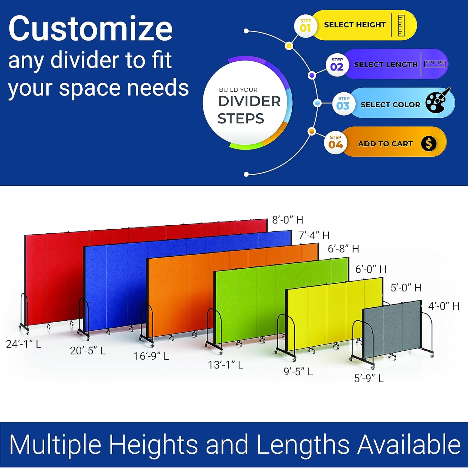 Standard Room Divider with Metal Frame, 5-Panel Folding Portable Partition Privacy Walls for Schools and Offices, 6' H x 9'-5" W - Grey Smoke Fabric