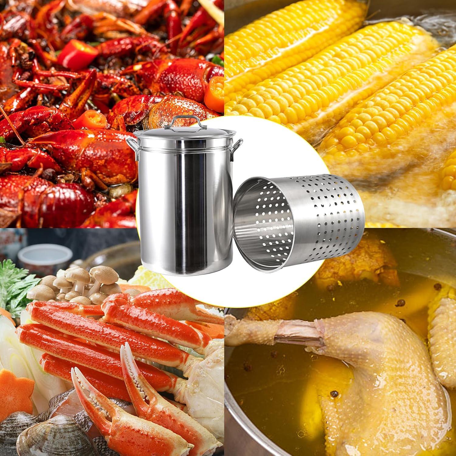 Stainless Steel Cookware Stock pot 44-Quart Outdoor Large Capacity Party Chicken Fish Steamed Seafood Clams Vegetables Multipurpose Stock Pot with Strainer Sturdy Smooth surface Easy to Clean