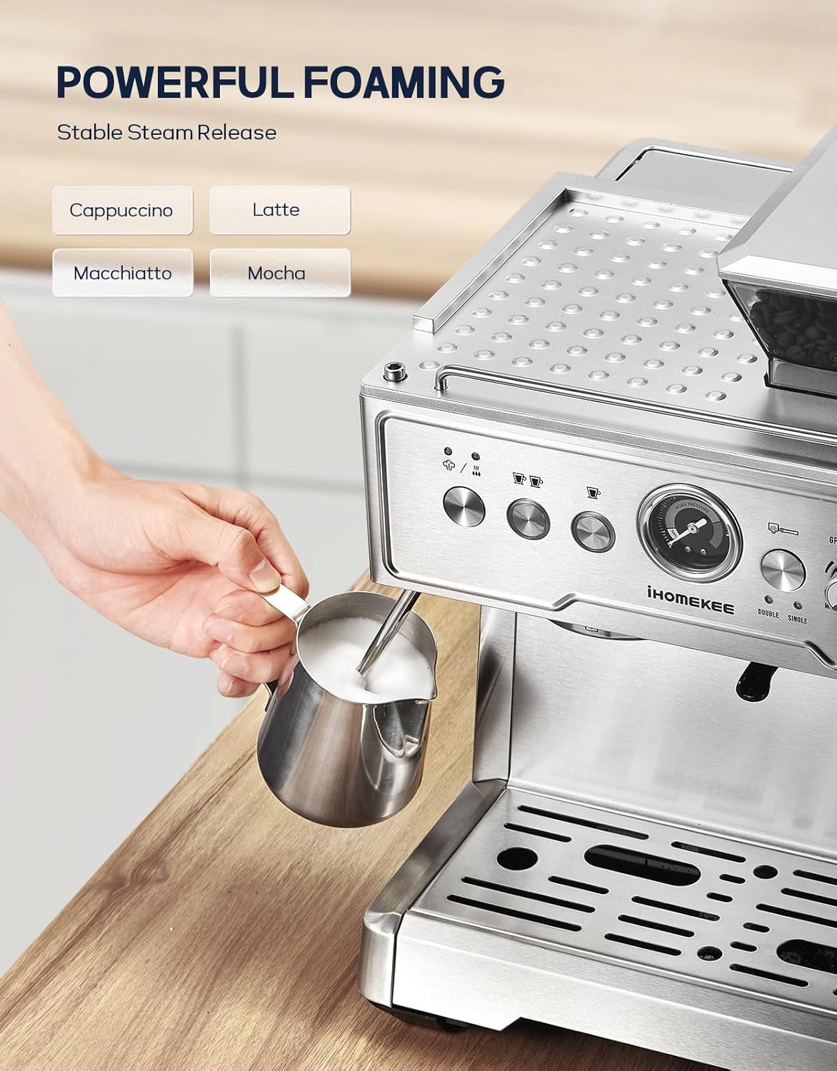 Espresso Coffee Maker With Grinder, 20 Bar Semi-Automatic Espresso Machine With Milk Frother Steam Wand, Professional Cappuccino Latte Machine For Home, Office, Brushed Stainless Steel