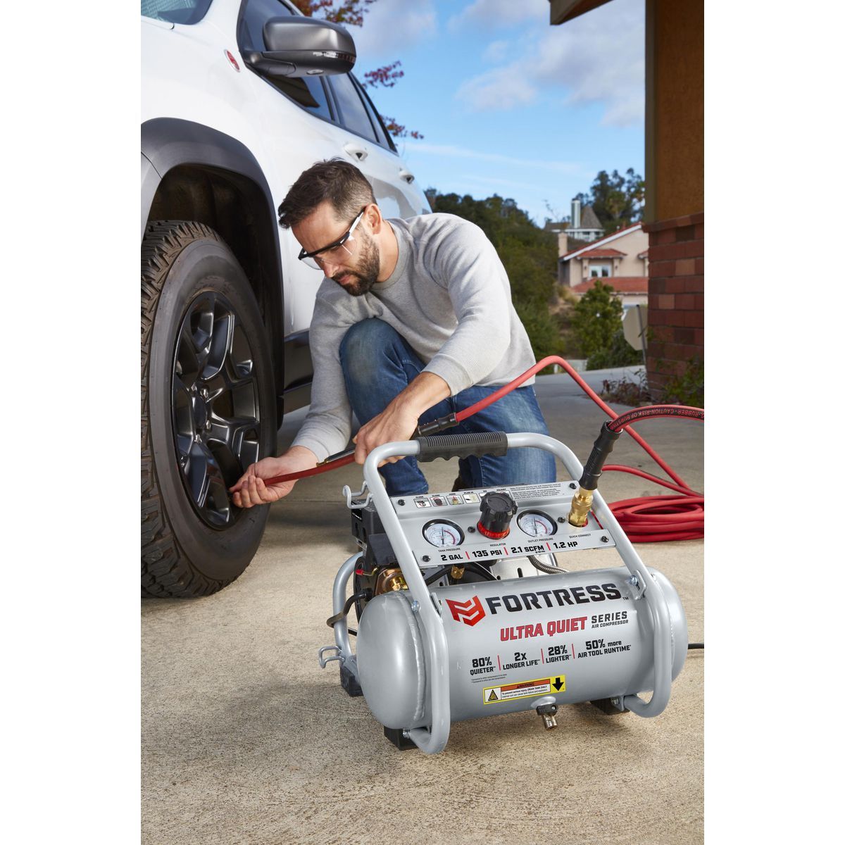 FORTRESS 2 Gallon, 135 PSI Ultra Quiet Oil-Free Hand-Carry Jobsite Air Compressor