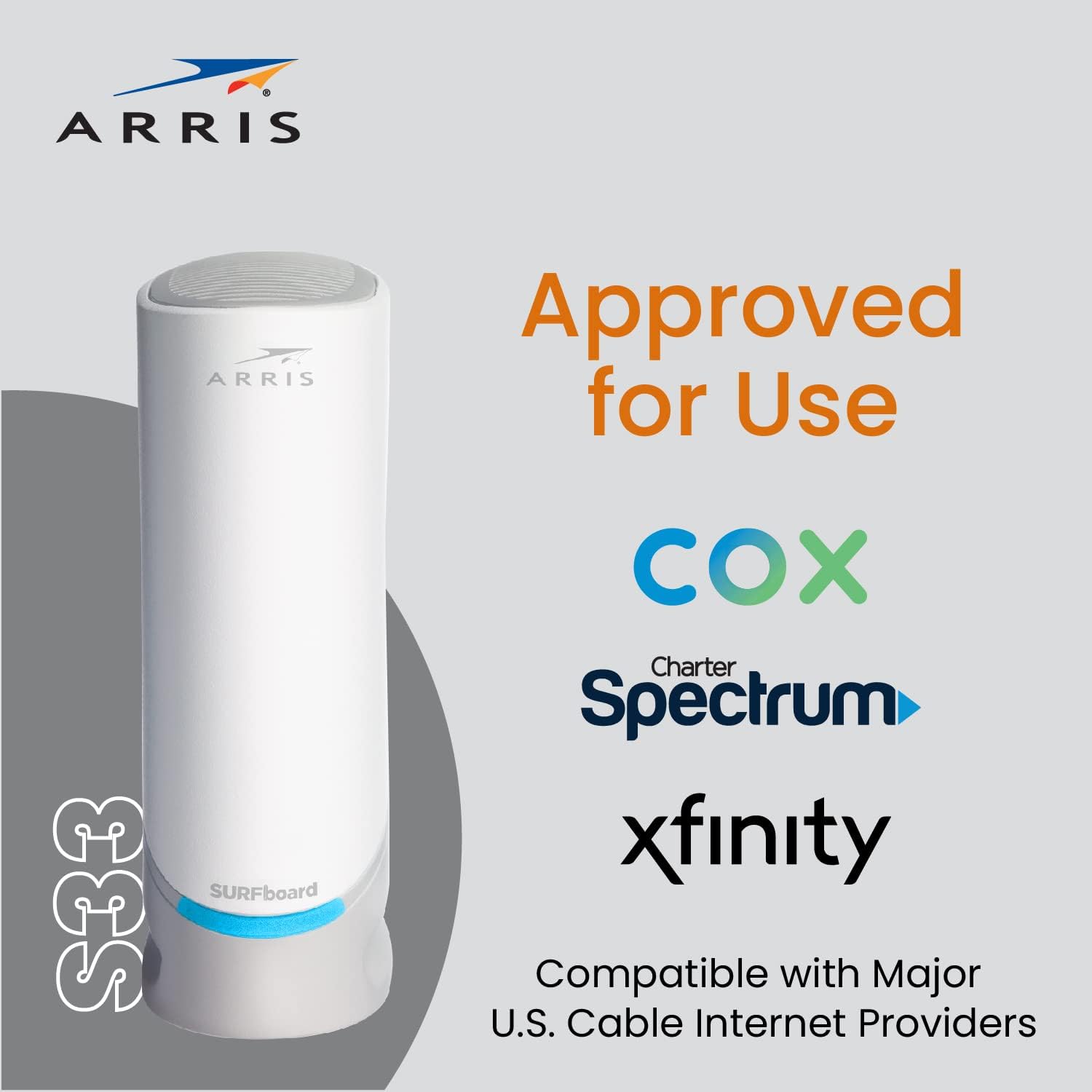 ARRIS S33 DOCSIS 3.1 White Cable Modem | 2.5 Gbps Max Internet Speeds | 2.5 & 1 Gbps Ports | 4 OFDM Channels | Compatible with Xfinity, Cox, Spectrum & More