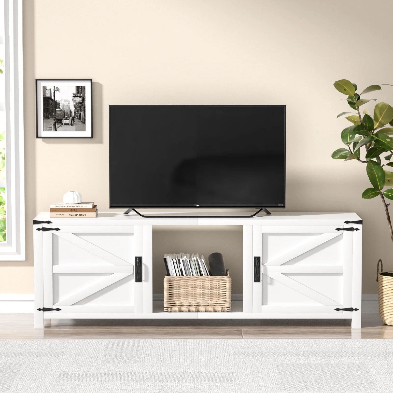 Oneinmil 70" Modern Farmhouse TV Stand for 80" TVs , with Barn Doors Storage Cabinets, TV Entertainment Center for Living Room, White