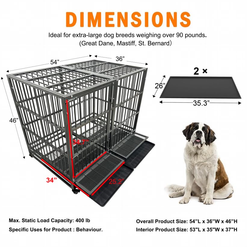 54/48/38 inch Heavy Duty Indestructible and Escape-Proof Dog Crate Cage Kennel for Large Dogs, High Anxiety Dog Crate with Removable Crate Trays, Wheels and Double Door, Extra Large XL XXL
