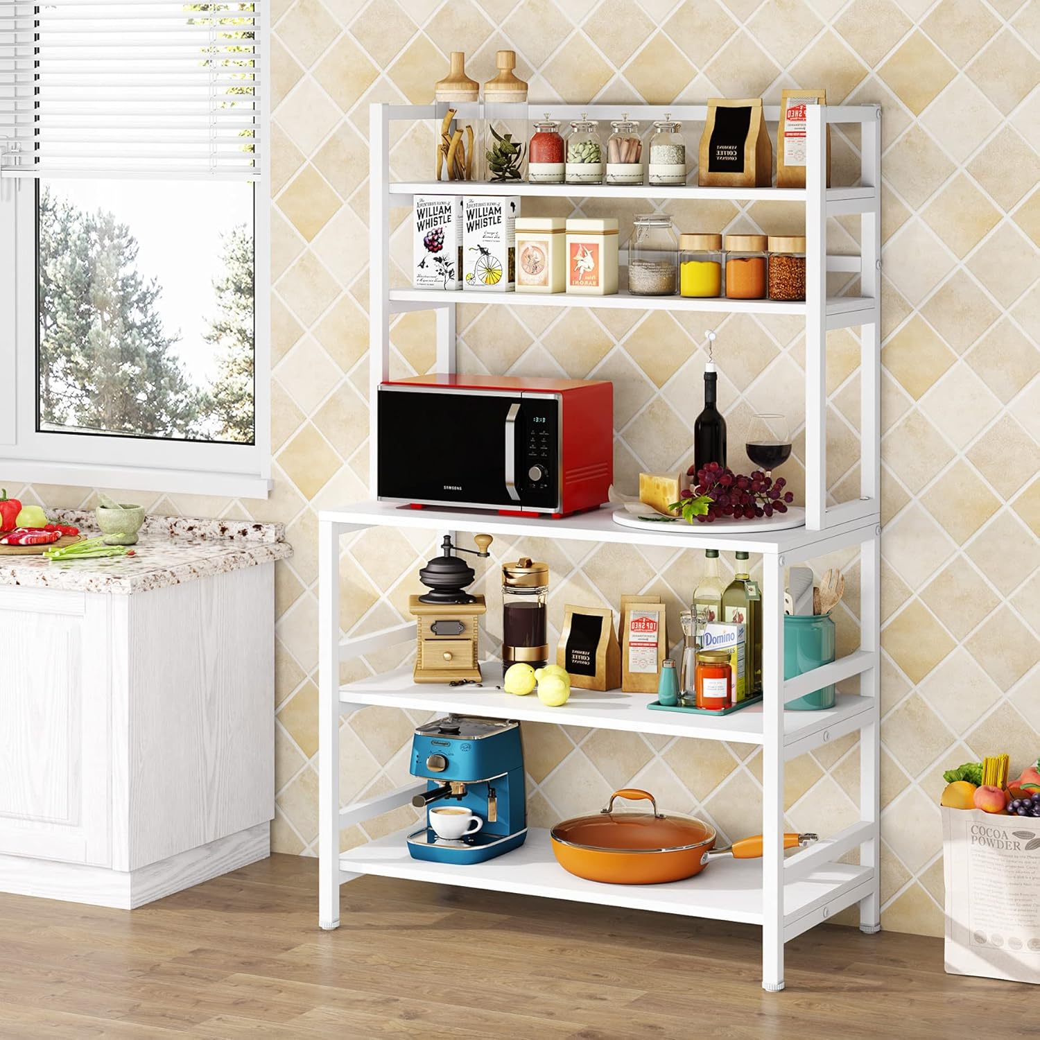 Tribesigns Bakers Rack with Hutch, Microwave Oven Stand, 5-Tier Kitchen Utility Storage Shelf, Height Free Standing Kitchen Organizer for Spices, Pots, Pans and Oven (Black)