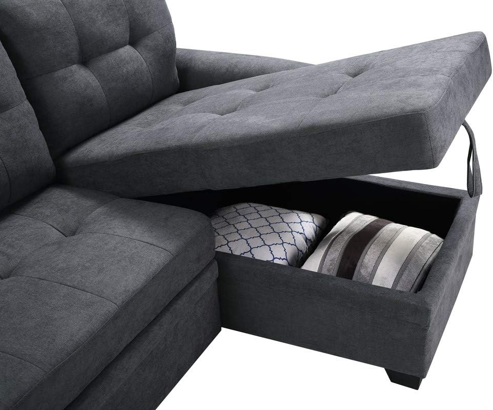 Rustani Dark Gray Reversible Sectional Sleeper Sofa Chaise with Storage in Woven Fabric
