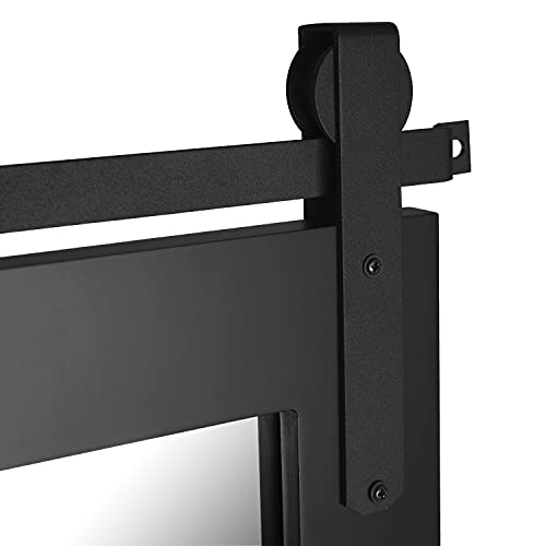 Hans Farmhouse Bathroom Mirror 22"×28" Rustic Wood Frame with Metal Barn Door Track Decorative Wall Mirror for Bathroom Entryway Living Room,Black