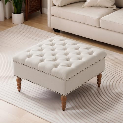 BEDHOURS Large Square Ottoman Coffee Table with Rivet Decoration, Hand-folded Roll Style Storage Ottoman with Solid Wood Shelf (Beige)