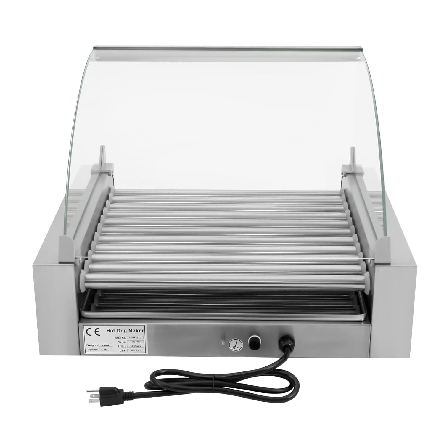Electric Grill Cooker Machine, 30 Hot Dog 11 Roller with Cover, Commercial Grade, Hot Dog Roller, 1400W Stainless Steel Cook Warmer Machine with Cover & Dual Temp Control, Hot Dog Roller Machine