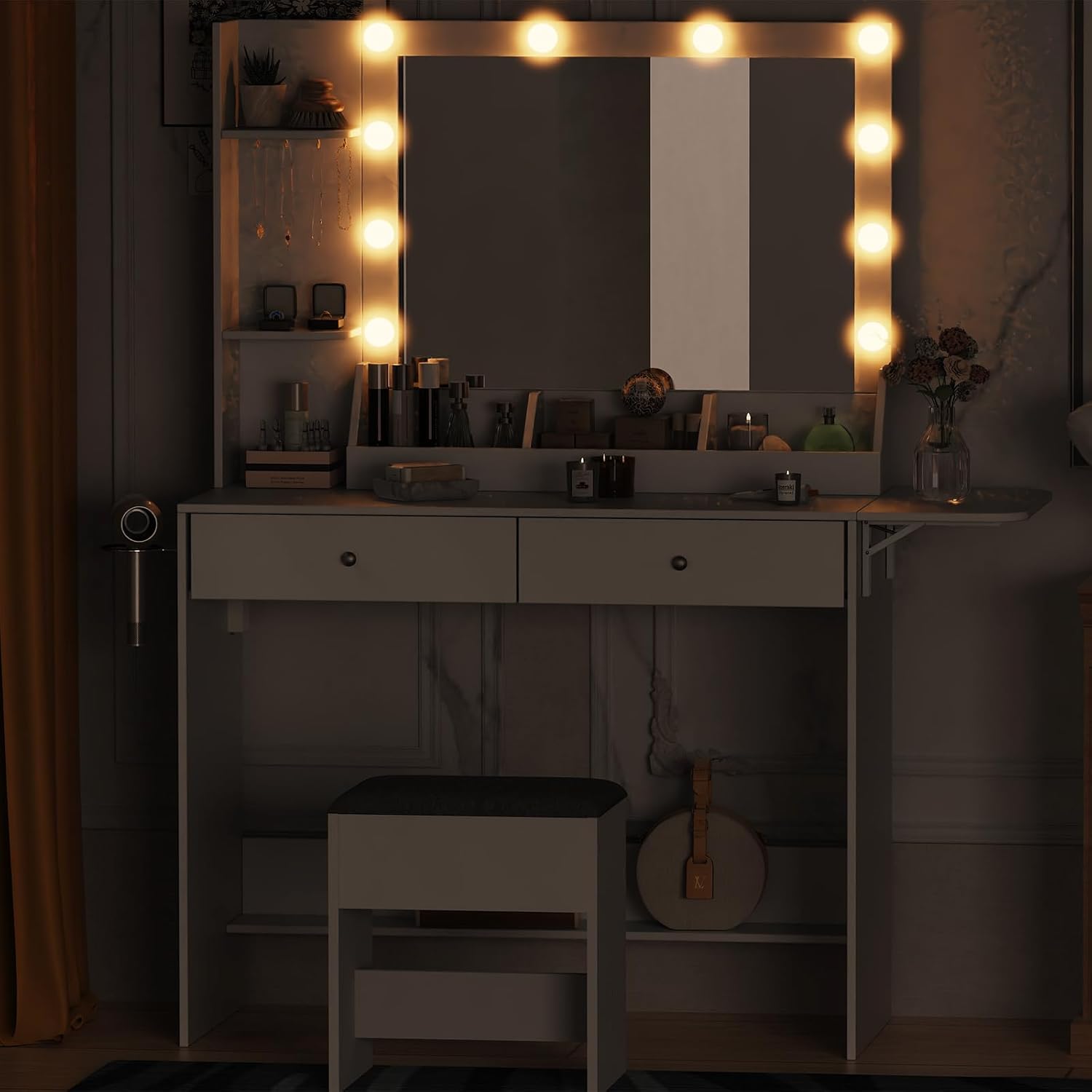 Makeup Vanity Desk with Lights and Charging Station, Small Vanity Desk Set, Makeup Table with 2 Large Drawers & Cushioned Stool, 4 Hooks, for Bedroom, White