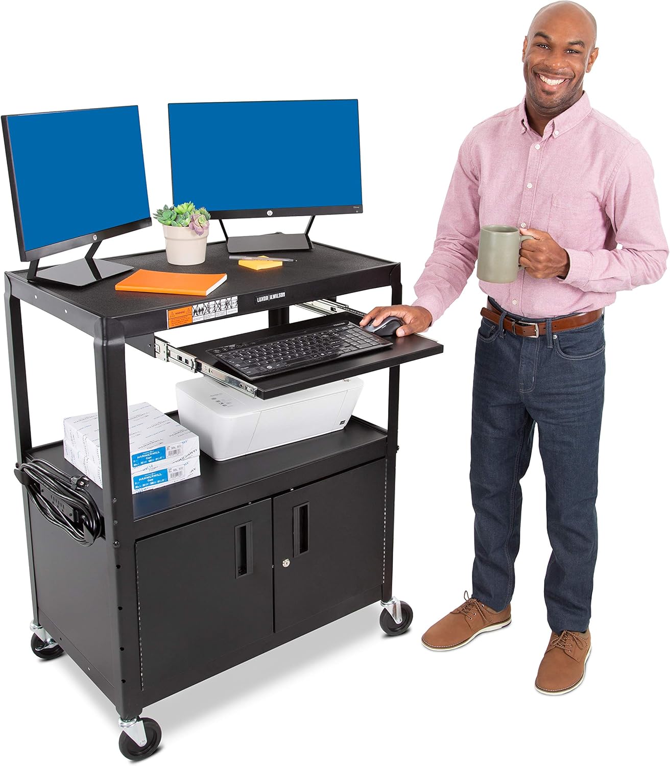 Line Leader Large AV Cart with Locking Cabinet | Height Adjustable Utility Cart | Includes Pullout Keyboard Tray & Cord Management | Easy Assembly (32in x 18in x 42in / Black)