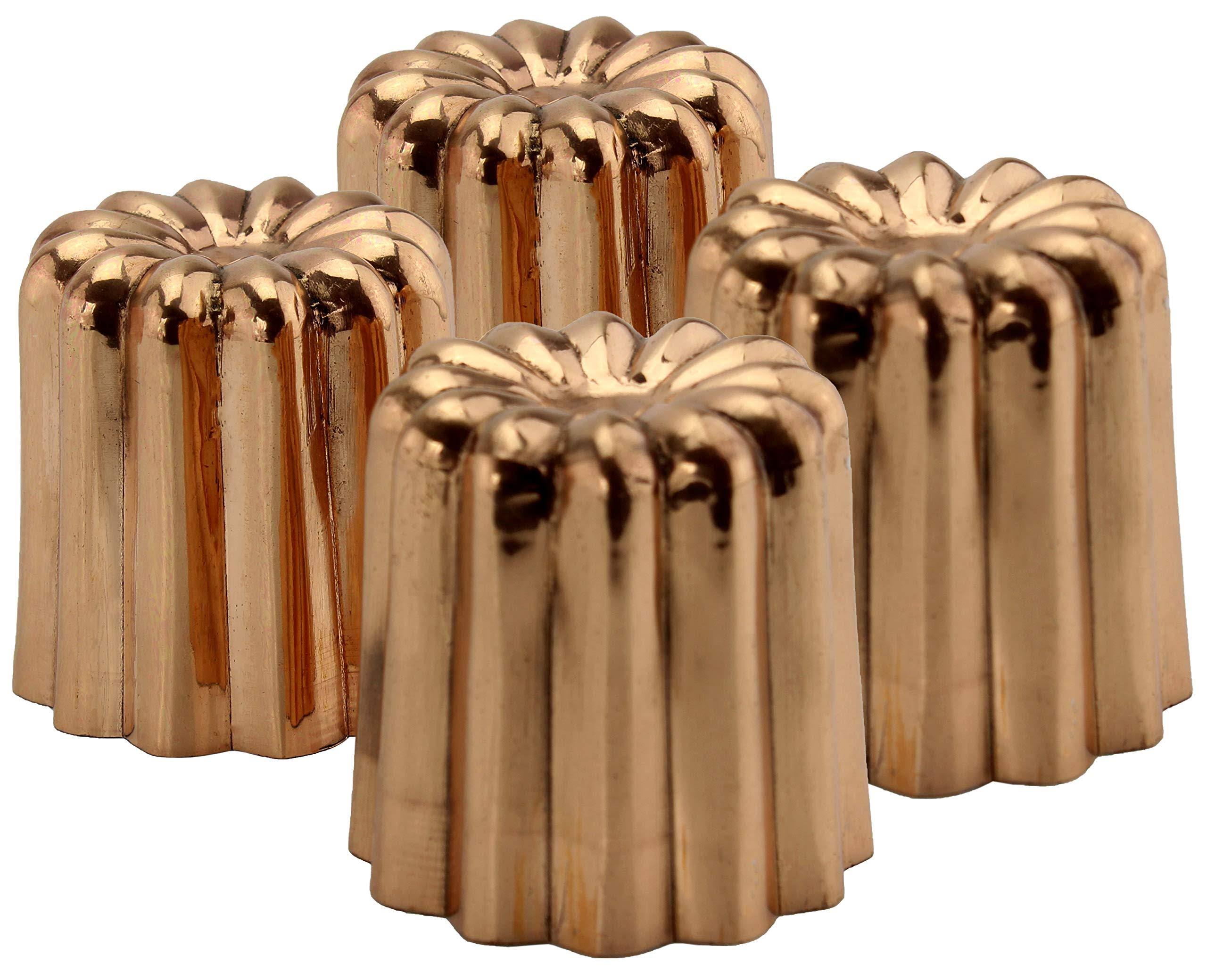 Darware Copper Canelé Pastry Molds (4-Pack); 2-Inch Bordeaux French Custard Cannele Cake Traditional Pastry Baking Molds with He