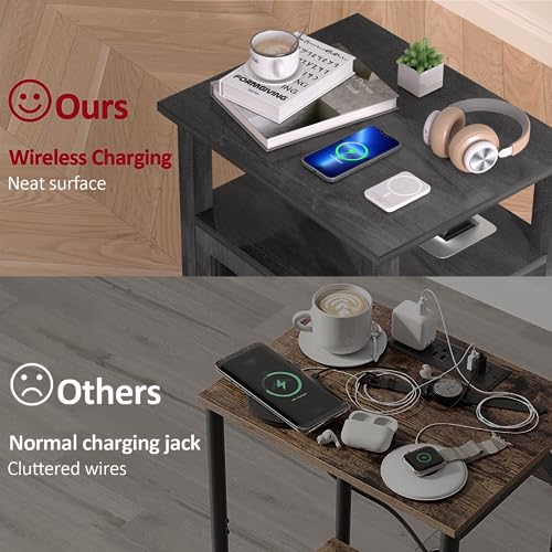 End Table with Charging Station, Side Table with Storage, White Nightstand with Adjustable Shelf, Wireless Charging End Table for Living Room, Bedroom