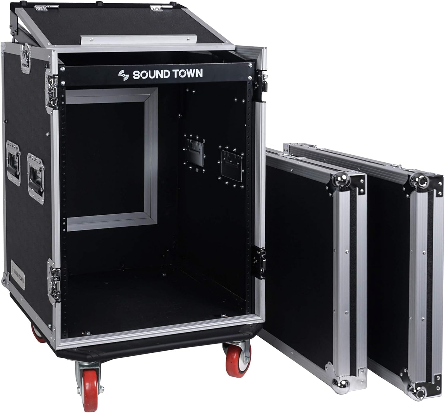 Sound Town 14U PA DJ Rack/Road ATA Case with 11U Slant Mixer Top, 20���� Rackable Depth, DJ Work Table and Casters, 14 Space Size, Pro Tour Grade (STMR-14UWT)