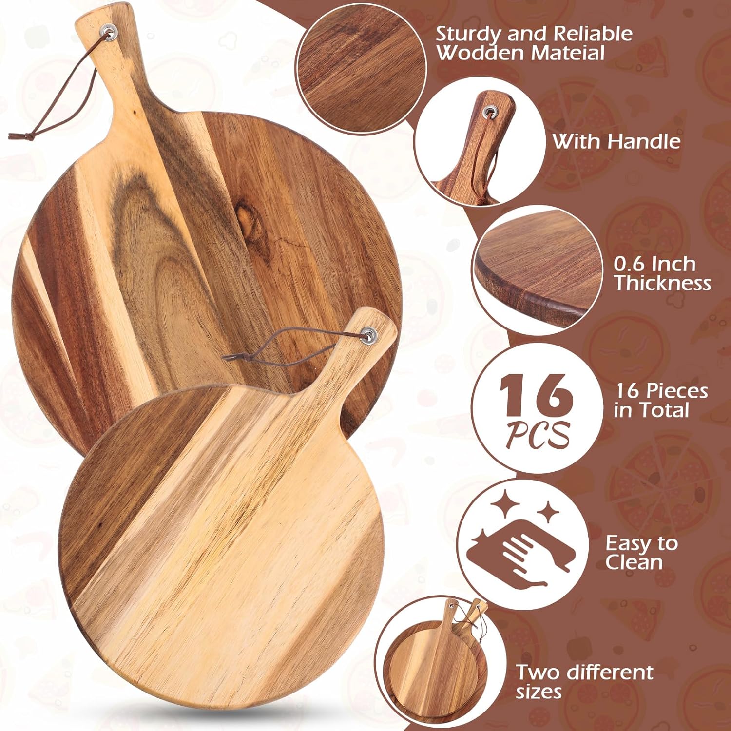 16 Pack Acacia Wood Cutting Board with Handle Thick Round Charcuterie Boards 2 Size Acacia Chopping Boards for Serving Cheese Pizza Bread Platter Baking Wooden Wall Carving Decor