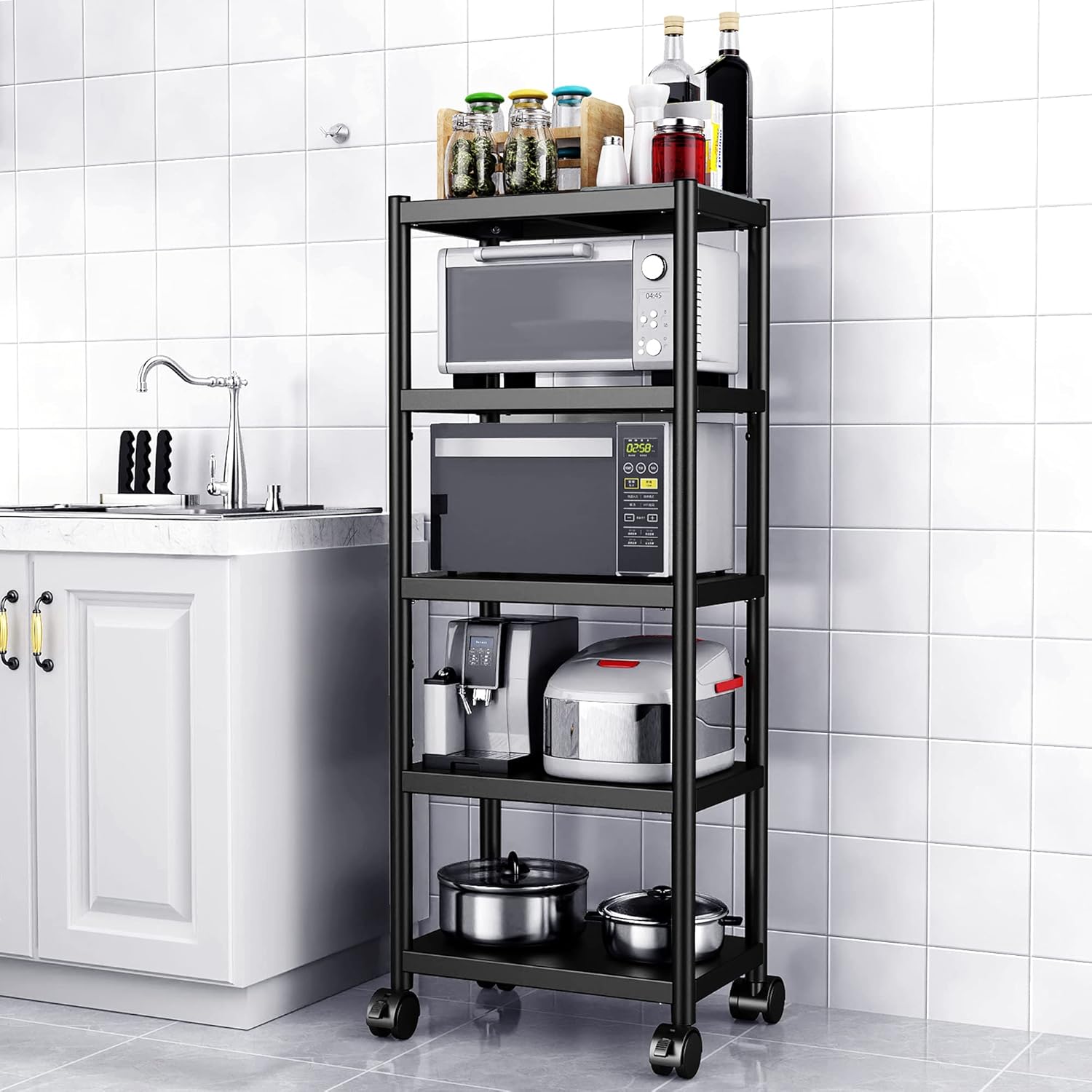 WPT Kitchen Baker's Rack Utility Storage Shelf Microwave Stand Cart on Wheels, Adjustable Kitchen Organizer Rack 4 Tier Shelves，Stainless Steel &hellip;
