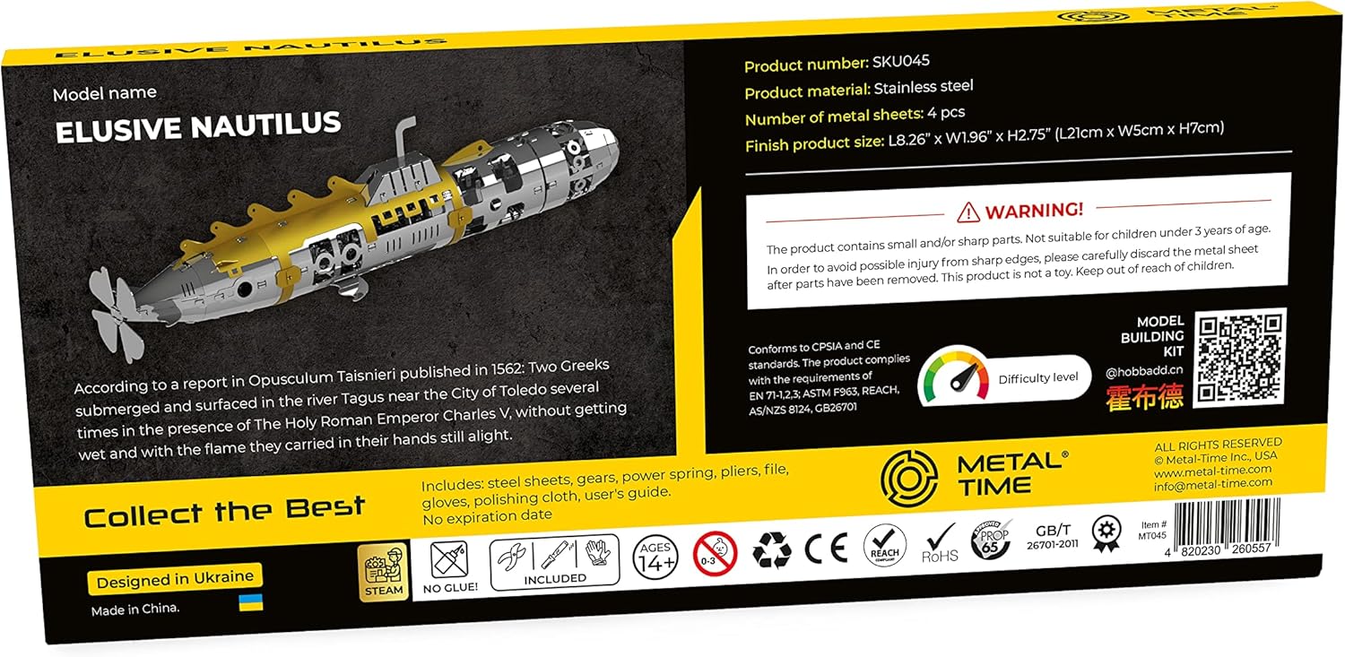 METAL-TIME Elusive Nautilus Submarine 3D Metal Mechanical Model Building Kit | Unique Wind-Up Moving Mechanism | Assemble Disassemble Stainless Steel Puzzle - 91 Pieces Pack of 2