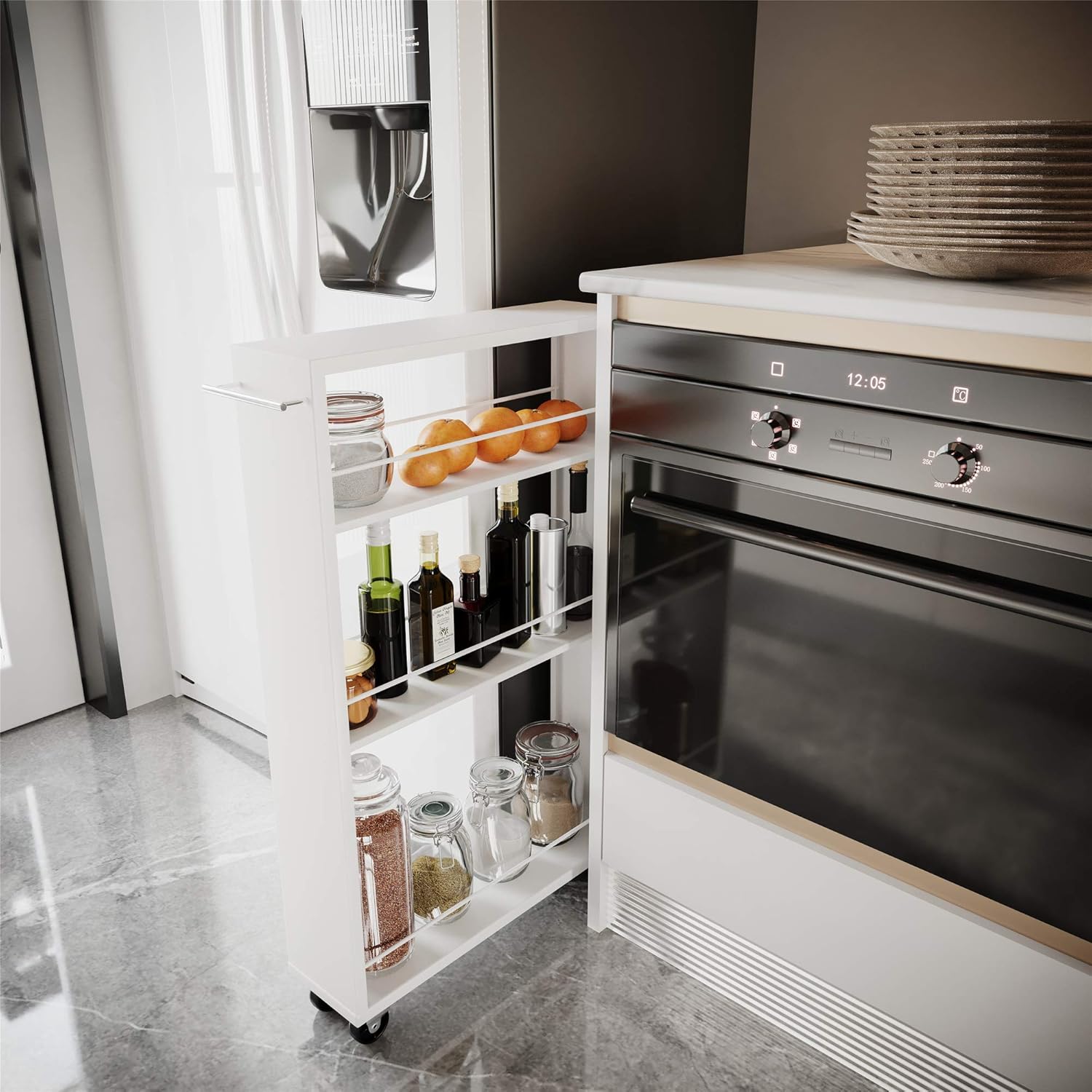 BIKAHOM 3- Tier Slide Out Storage Tower Kitchen Slim Slide Out Pantry-Using As A Rolling Spice Storage Rack,in-Between Fridge Storage Cart,Space Saver Organizer for Kitchen Bathroom Laundry,White