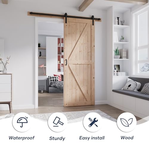 FREDBECK 48in x 80in Sliding Wood Barn Door with 8FT Barn Door Hardware Kit Included K Shape Solid Spruce Panel Sliding Door Double Surfaces Need to Assembly