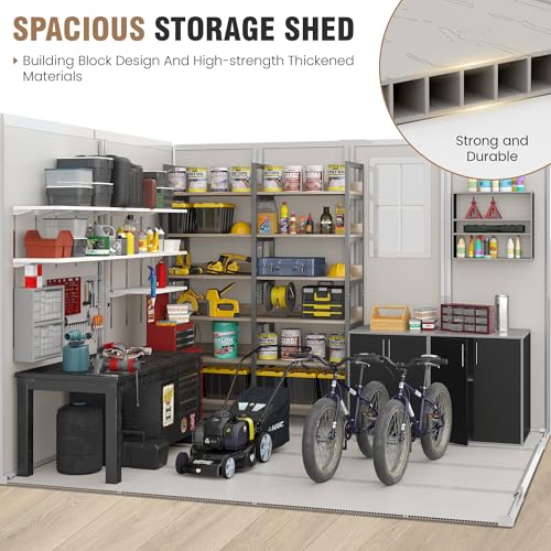 Outdoor Storage Shed, 6x6 FT Resin Shed with Floor and Lockable Door, Window, Vents, Tool Sheds and Outdoor Storage for Bike, Garden Accessories, Tools, Waterproof (Grey & White)