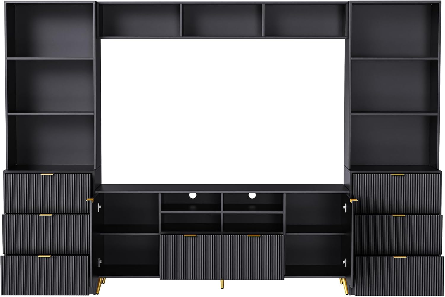4-Piece Entertainment Wall Unit with 13 Shelves,8 Drawers and 2 Cabinets Modern TV Center with Bookshelves and Bridge Cabinet,Living Room Tall Bookshelf with Storage for Televisions Up to 75''