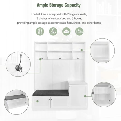 Style Hall Tree, Modern Hallway Shoe Cabinet with Flip-Up Bench and Hanging Hooks,Coat Hanger for Entryways Mudroom, Large, 01 Black