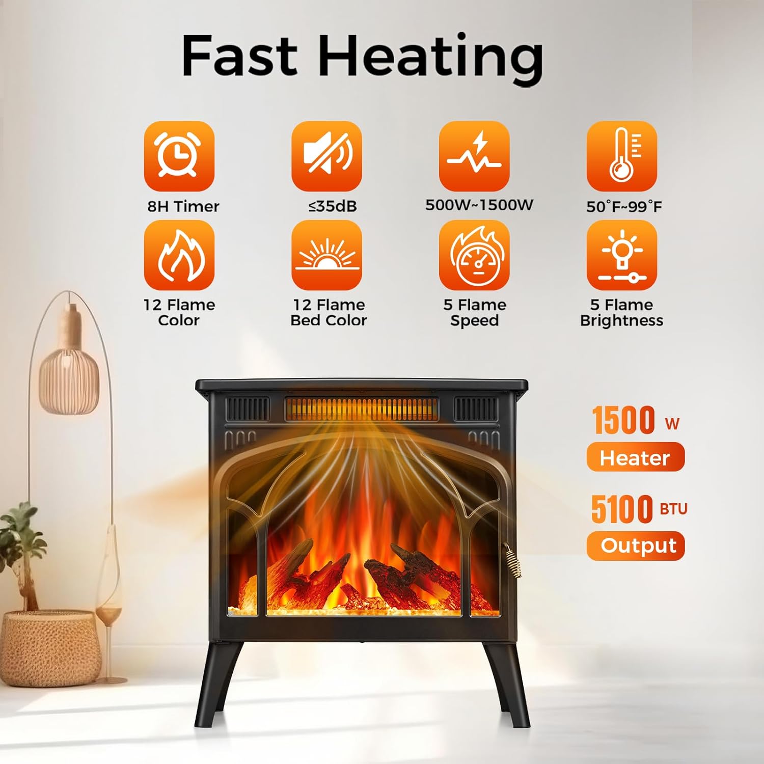 Joy Pebble Upgraded Electric Fireplace Heater, Free-Standing 3D Infrared Fireplace Stove with Remote Control &Timer, Adjustable Flame Colors and Speed, Overheating Protection, 5100 BTU,1500W