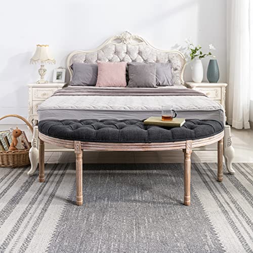 55" End of Bed Bench Vintage Half Moon Upholstered Fabric Semi-Circle Entryway Bench with Padded Seat & Rubberwood Legs, Tufted Dining Bench for Bedroom Living Room Hallway, Beige