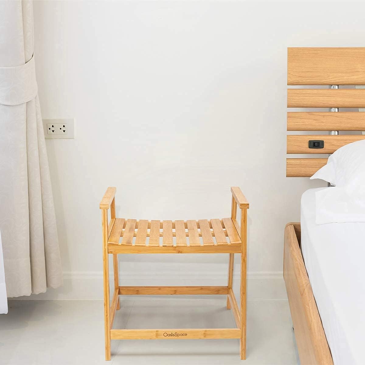 OasisSpace Bamboo Shower Bench - Waterproof Shower Chair Seat Stool with Arms, Wooden Spa Bath Organizer Seat, Perfect for Indoor or Outdoor