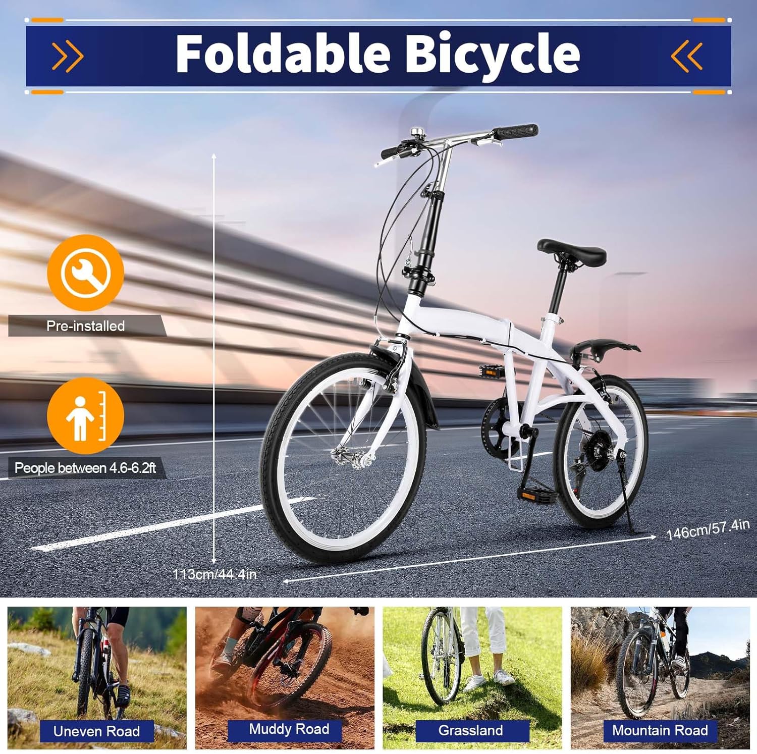 ‎20 Inch Folding Bike, 6 Speed Shifter Foldable Bicycle, Folding Bicycle with Adjustable Hight, Lightweight Foldable Bike for Men Women Riding, White