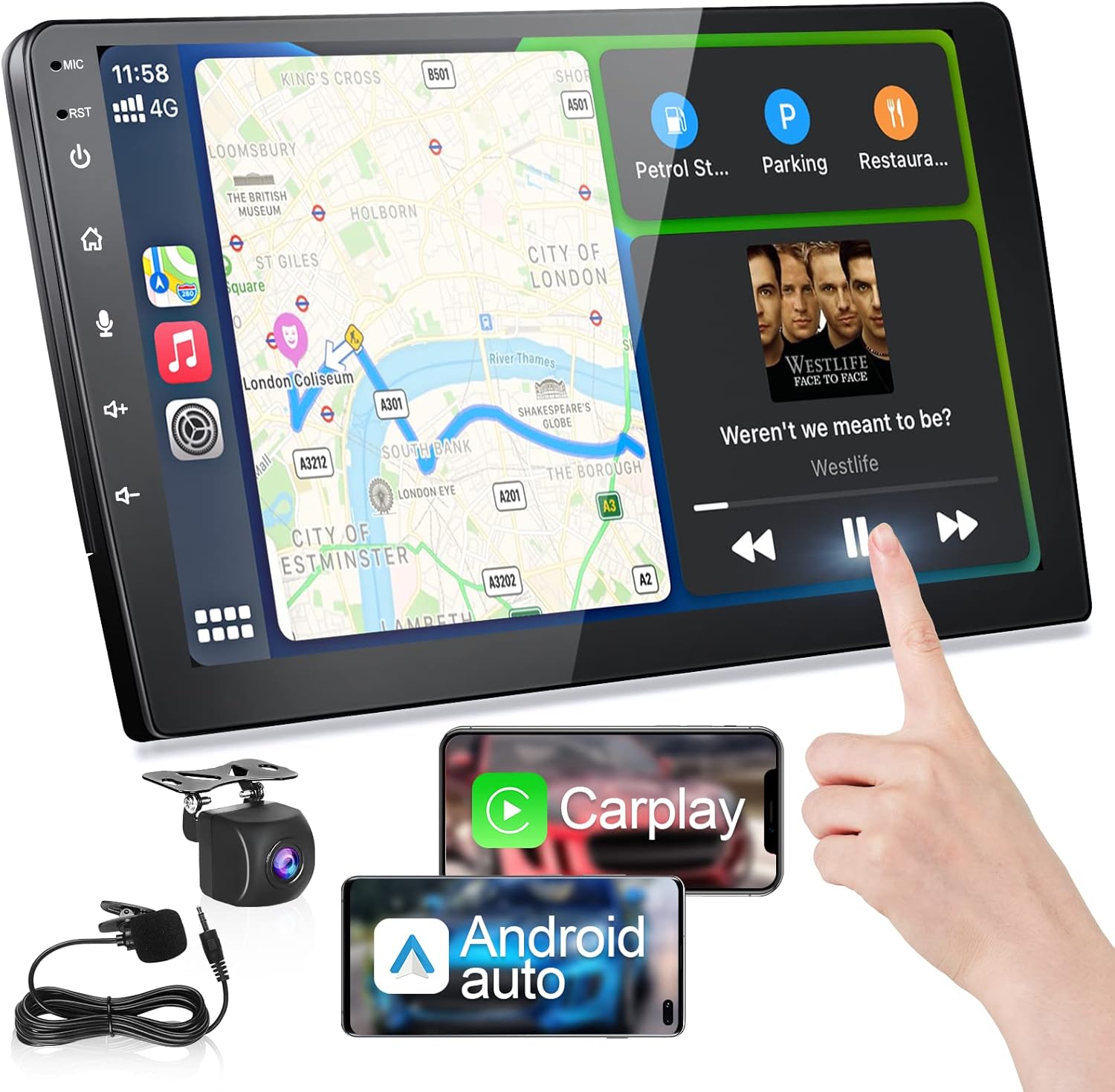 Double din Car Stereo Built in Wi-Fi for Wireless CarPlay Android Auto Mirror Link, 10.1 IPS Touchscreen Car Radio, Head Unit Support Bluetooth 5.0 AHD Backup Camera USB RDS Mic SWC AOLVO OXf8