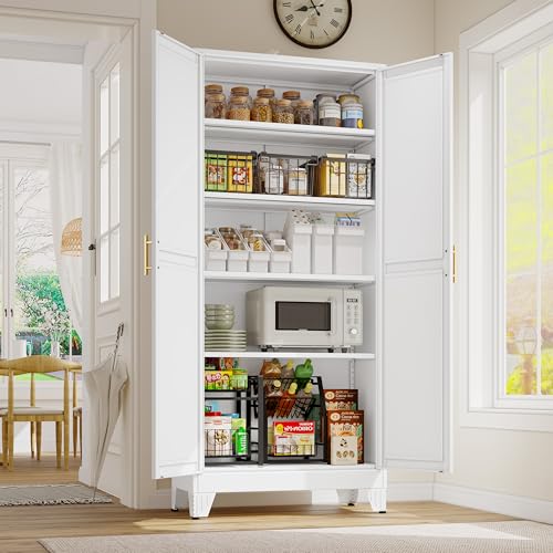 75.2" Tall Metal Pantry Cabinet, Storage Cabinets with 4 Door and 4 Adjustable Shelves, Black Kitchen Pantry Storage Cabinet, Freestanding Cupboard for Kitchen Dining Room Living Room Bathroom