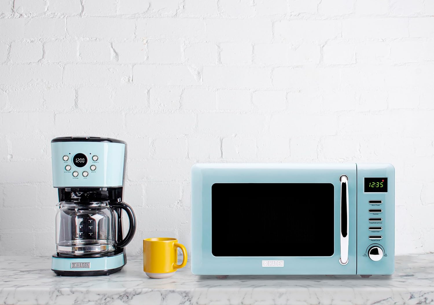 Haden Heritage 12 Cup Programmable Vintage Retro Home Coffee Maker Machine with Vintage Retro 0.7 Cu Ft 700W Countertop Microwave Oven, Blue