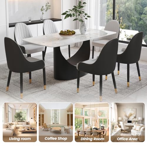 Modern Rectangle Marble Dining Table,63" White Marble Sintered Stone Top Dining Table,Rectangle Dining Room Table with Unique U-Shape Black Carbon Steel Pedestal for Kitchen/Living Room(Table Only)
