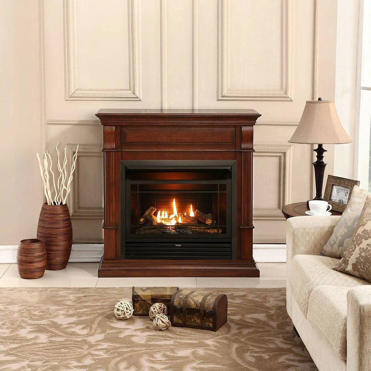 Duluth Forge Dual Fuel Ventless GAS Fireplace - 26,000 BTU, Remote Control, Auburn Cherry Finish