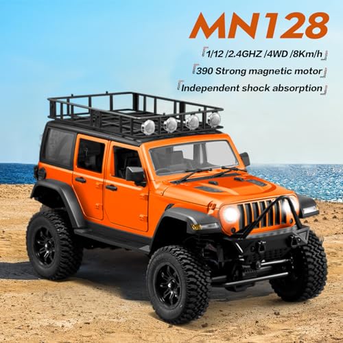 1/12 RC Crawler MN128 RC Jeep 4WD RC Rock Crawler RC Truck 4x4 Jeep RC Car 390 Strong Motor Off Road Rock Crawler with 3pcs Upgraded 1500mah Battery (Orange)