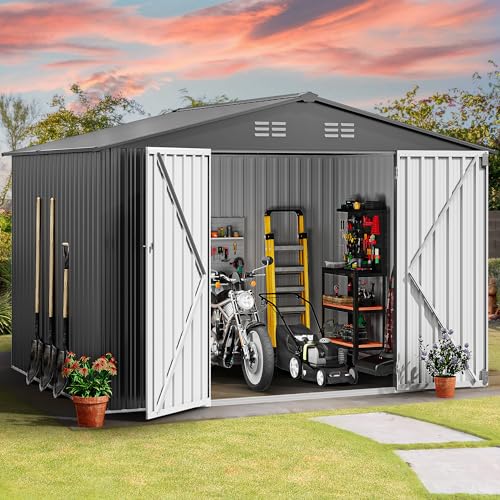 DWVO 10x8 FT Outdoor Storage Shed - Spacious Garden Tool Shed with Lockable Door - Durable Metal Yard Shed for Garden, Patio, and Backyard (Dark Gray)