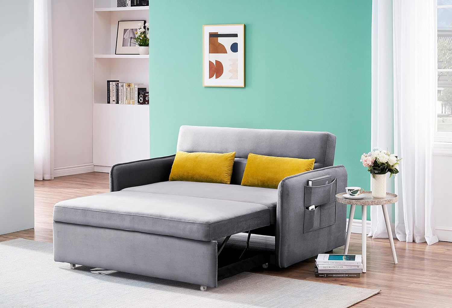 54" Pull Out Sofa Bed with Adjustable Backrest/2 Pillows/Storage Pocket, Velvet Loveseat Sleeper Sofa, Save Space Compact Couch for Living Room and Home Office