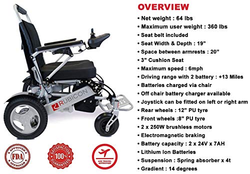 Rubicon Deluxe Electric Wheelchair, All Terrain, Powerful Brushless 600W Motors - Longest Range Dual Battery, Heavy Duty, Foldable, Durable. (Model1)