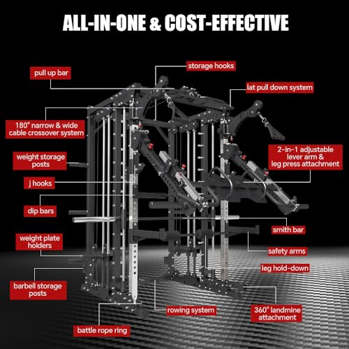 Commercial Smith Machine with Smith Bar, 4000LBS Power Cage Squat Rack with Lever Arm, Leg Press, LAT Pull Down System, Multi-Function Linear Bearing Cable Crossover Machine for Home Gym