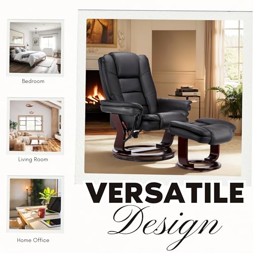 JC Home Argus Swivel Recliner with Ottoman, PU Leather & Wood Base Reclining Chair with Footrest, Ultra-Plush Double Foam for Living Room, Bedroom and Office