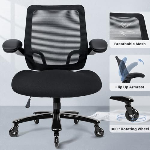 500lbs Big and Tall Office Chair - Heavy Duty Mesh Ergonomic Desk Chair, High Back Computer Chair - Flip-up Armrests, Wide Thick Seat Cushion, Quiet Wheels