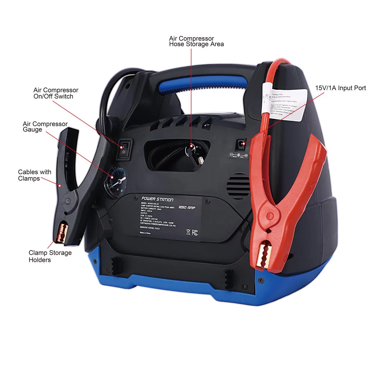 iRerts 1800 Peak Amp Jump Starter, Rechargeable Jump Starter for Gas Diesel Vehicles, Portable Power Station Powerhouse with Air Compressor, 2 DC Outlets, 2 AC Outlets, and 2 USB Ports