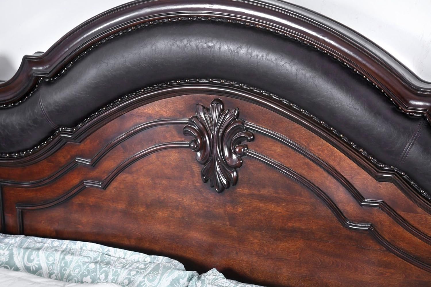 Arcturus Collection Traditional Luxurious Wingback Design Leatherette Eastern King Size Bed Genuine Marble Top Dresser Nightstand Mirror 4pc Set Brown Cherry Finish