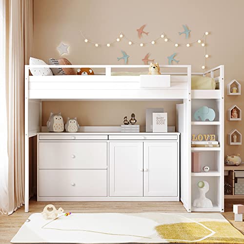 BIADNBZ Double Twin Size Loft Bed with Wardrobes and Storage Stair, Wooden High Loftbed Frame for 2, for Kids Teens Adults, White