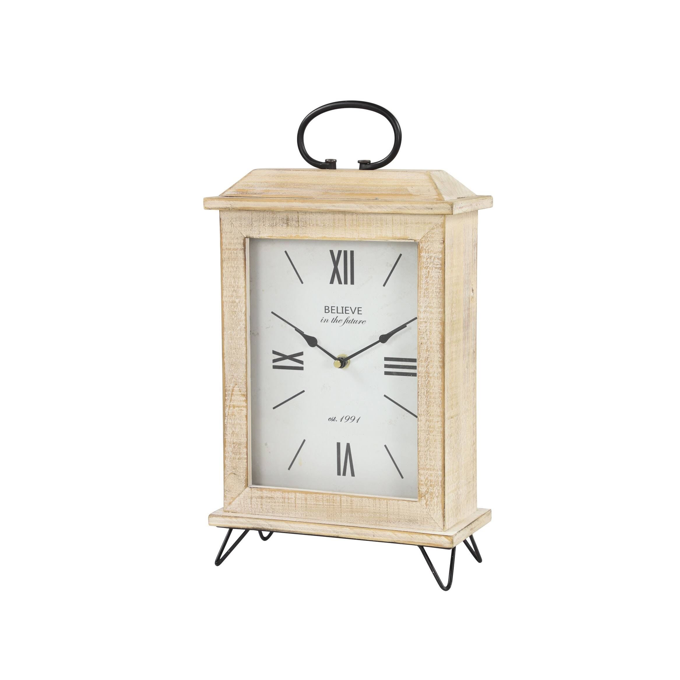 Rectangular Beige Farmhouse Style Wooden Table Clock w/ Whitewash Finish