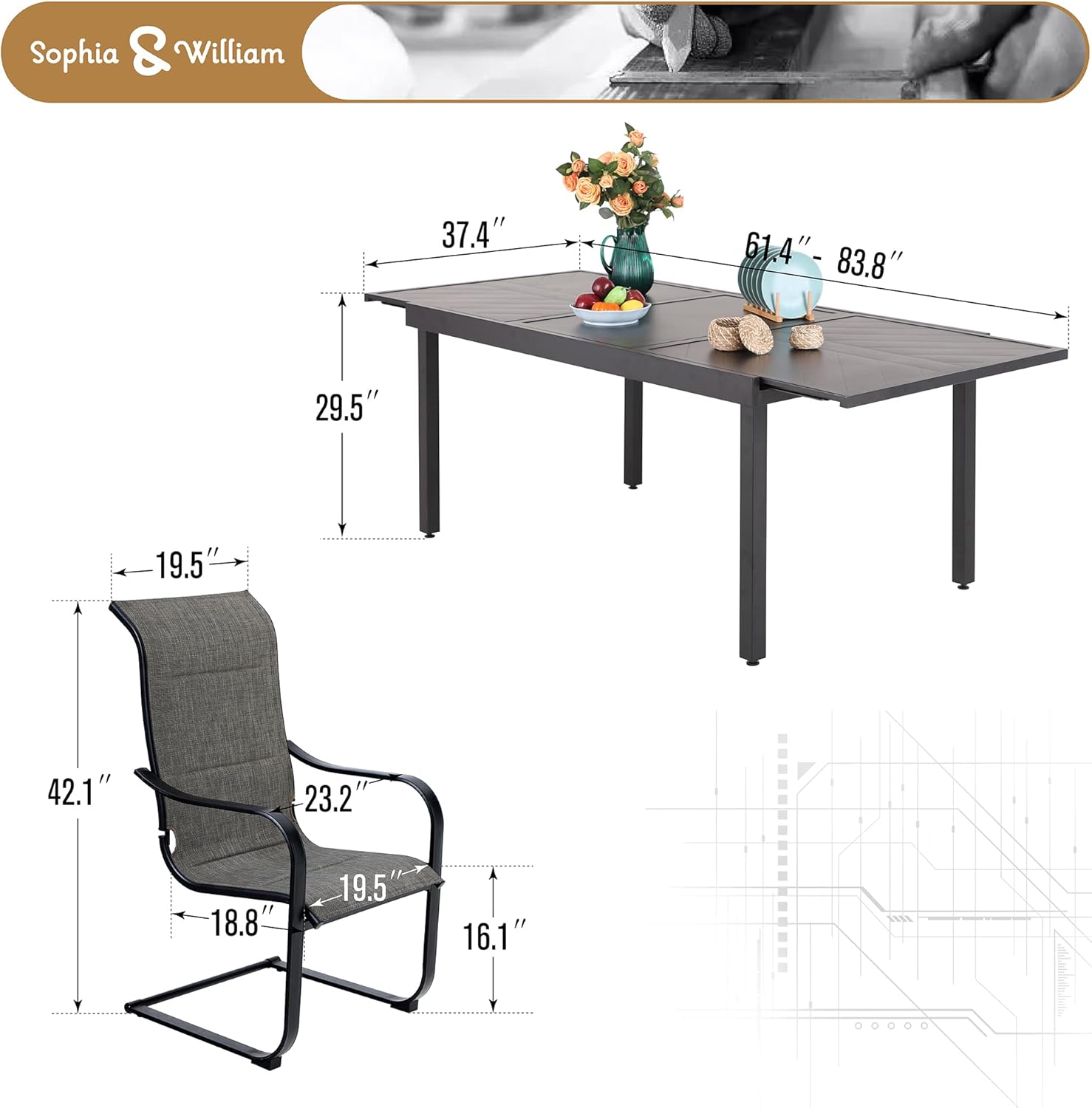 Sophia & William Patio Furniture Set Outdoor Dining Set 7 Pieces Outdoor Table and Chairs 6 C Spring Motion Chairs High Back, Expandable 6-8 Person Table for Lawn Garden Backyard Support 350lbs
