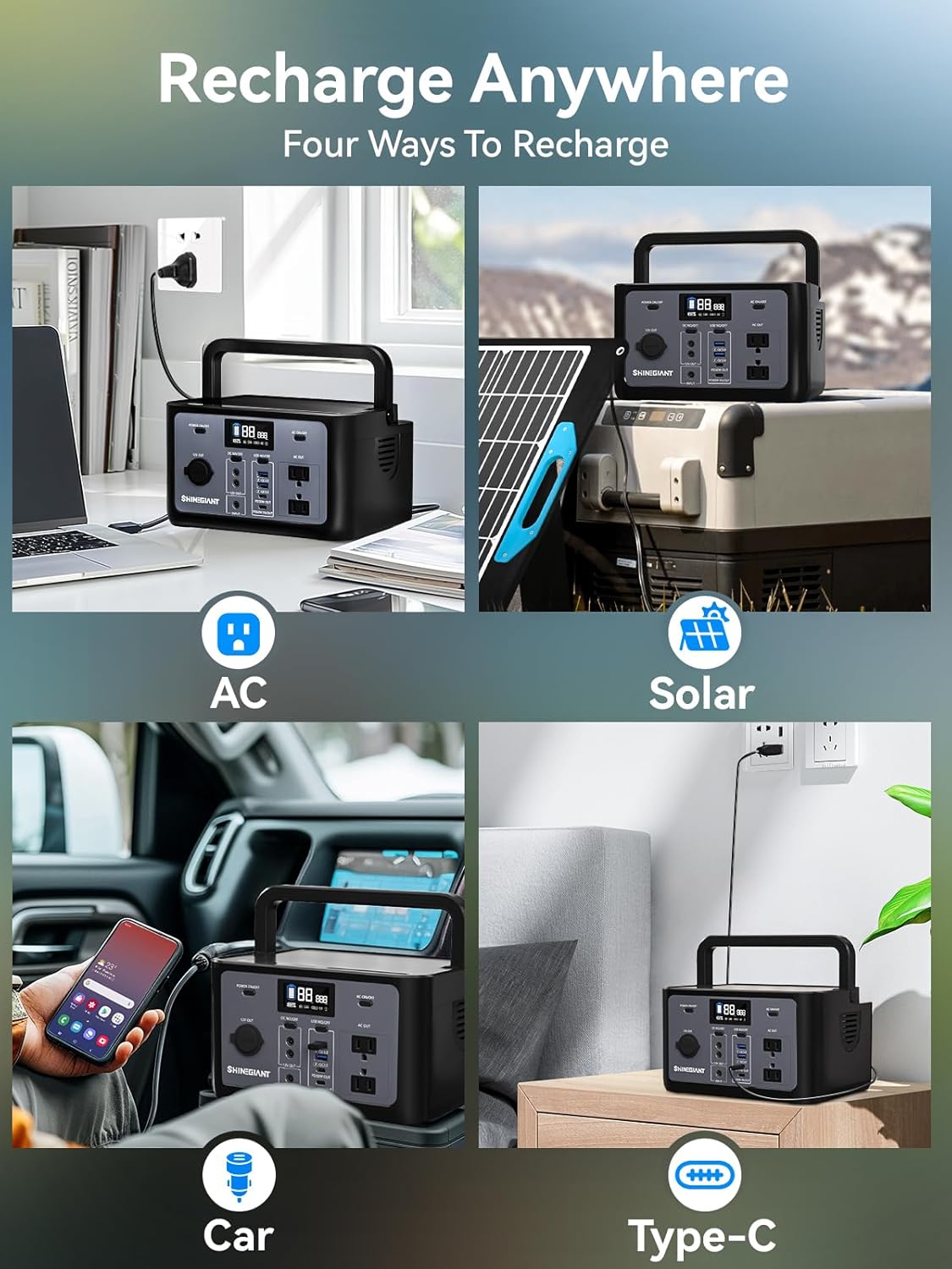 Portable Power Station 300W, SHINEGIANT 256Wh LiFePo4 Power Station with USB-C PD60W, 120V Pure Sine Wave AC Outlet, Solar Generator for Camping, Small Generator for Outdoor Travel Emergency Home Use